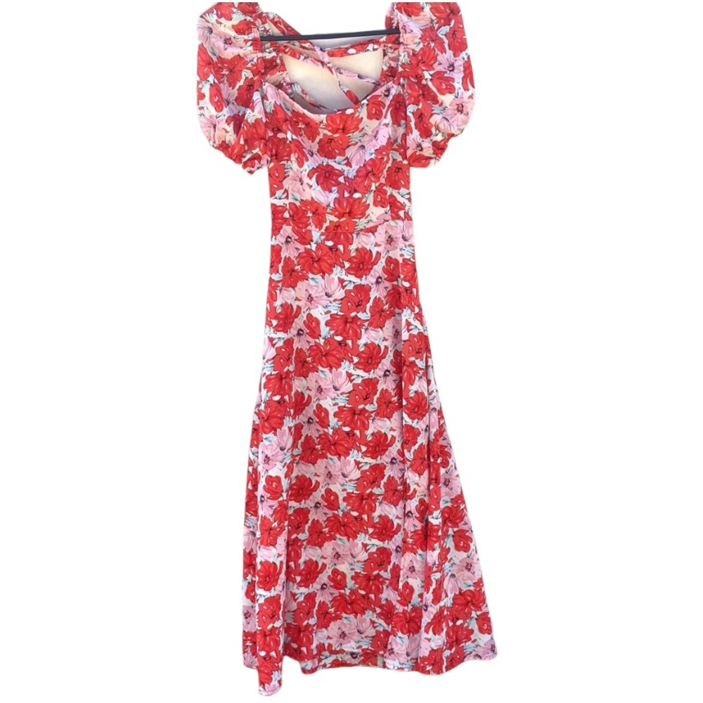Dizzy Lizzy Womens small pink and red floral puff sleeve corset back maxi dress